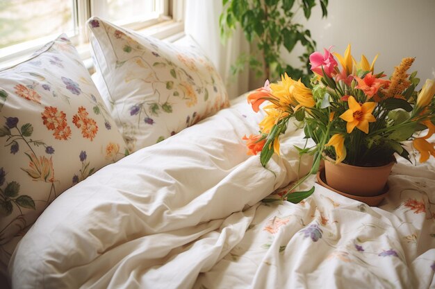 Photo freshly made bed with floral pattern linens