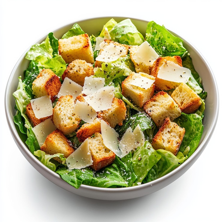 Photo freshly made caesar salad with croutons and parmesan isolated on white background