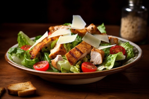 A freshly made chicken caesar salad