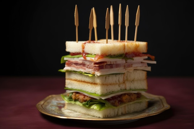 Freshly made club sandwich with toothpicks holding layers created with generative ai