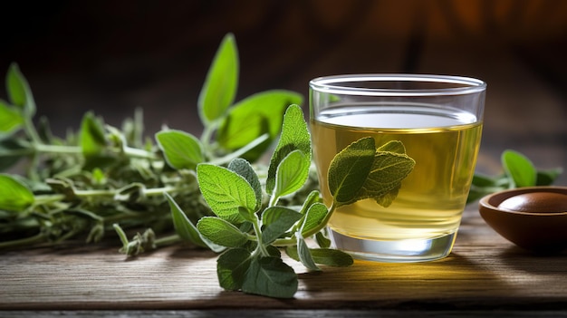 Freshly made cup of sage tea Tea Herbal tea Sage Liquid Leaves on a wooden table Generate AI