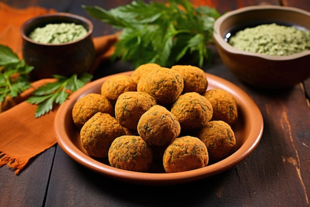 Freshly made falafel balls on a terracotta colored clay plate