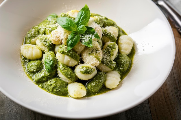 Freshly made gnocchi with green basil pesto sauce