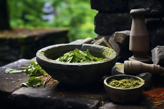 Freshly made guacamole in a traditional stone mortar