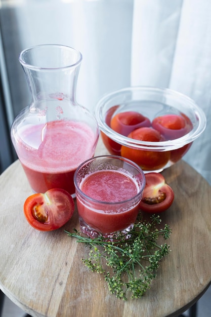 Freshly made and homemade red tomato juice Tomatobased healthy breakfast or drink