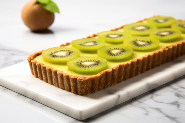 Freshly made kiwi fruit tart on a marble slab