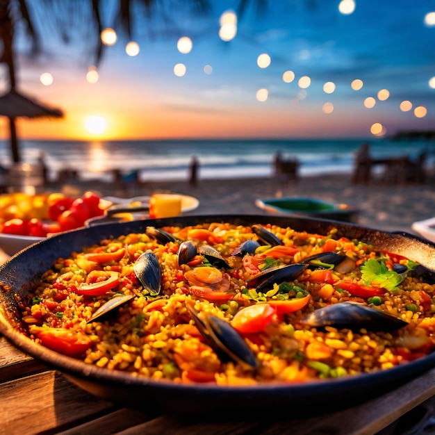 freshly made paella on party background in blurred beach evening