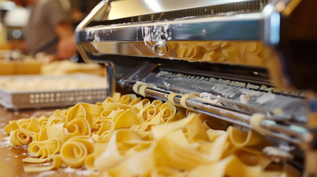 Photo freshly made pasta coming out of a pasta machine