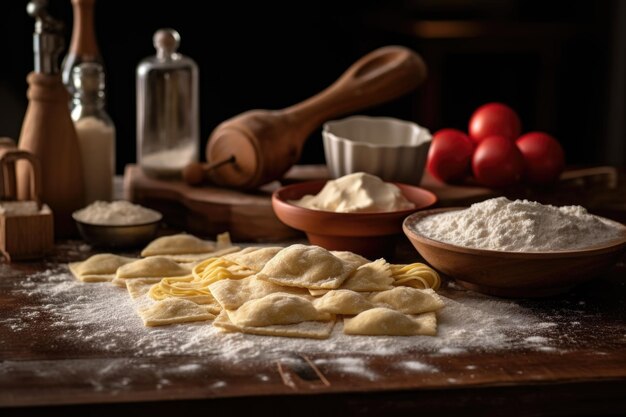 Freshly made pasta dough on a wooden board created with generative ai