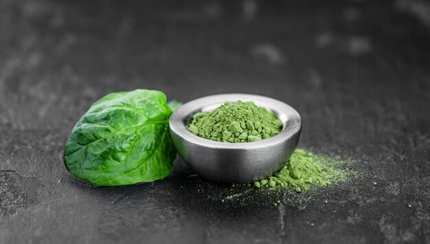 Freshly made spinach powder close up selective focus