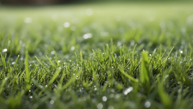 Freshly mowed lawn with morning dew closeup