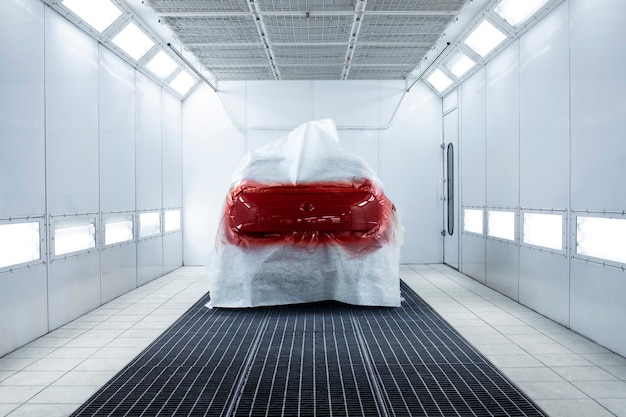 Freshly painted car drying in painting chamber.