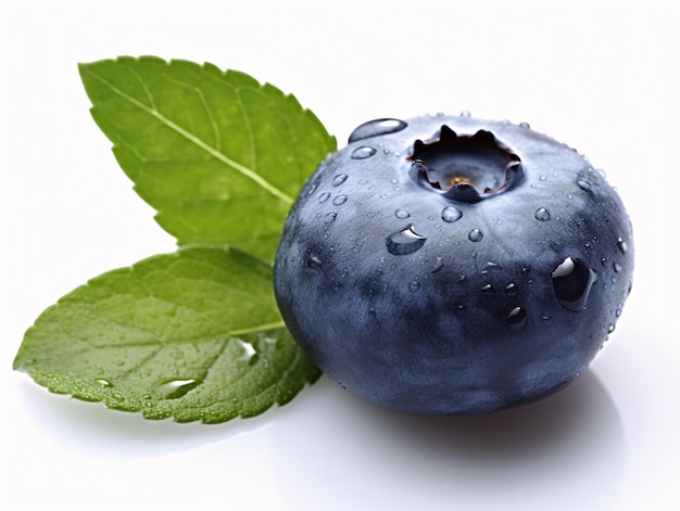 Freshly Picked Blueberry with Glistening Water Droplets and Vibrant Leaf A Generative AI Masterpiece