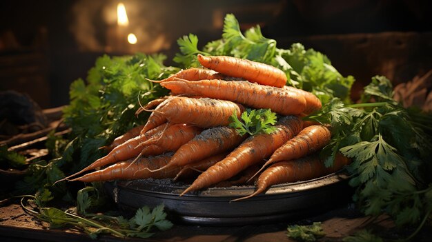 Freshly picked carrots on the soil in a field of a farm agriculture and vegetables farming concept