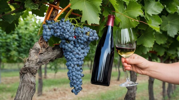 Photo freshly picked corvina grapes with bottle and glass of wine in the vineyard