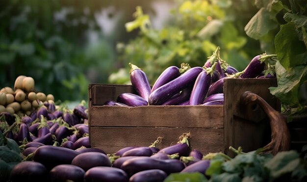 Freshly Picked Eggplant in Wooden Box Created using generative AI tools