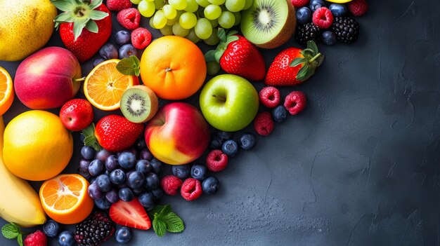 Freshly picked fruits arranged in a vibrant mosaic promoting healthy eating