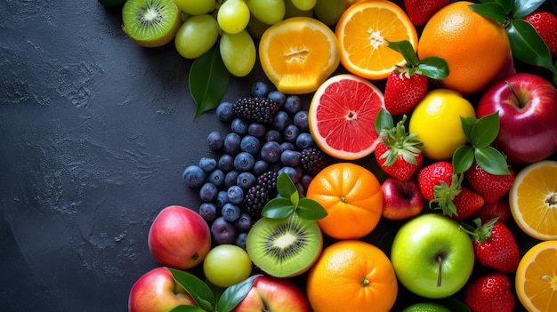 Freshly picked fruits arranged in a vibrant mosaic promoting healthy eating