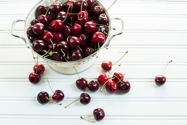 Freshly picked heap of cherries in colander.