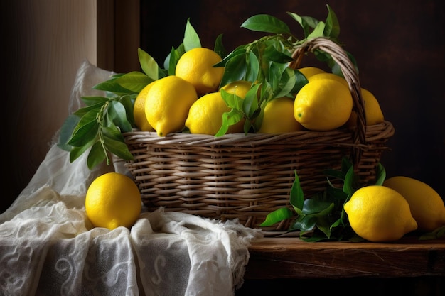 Freshly picked lemons in a rustic basket