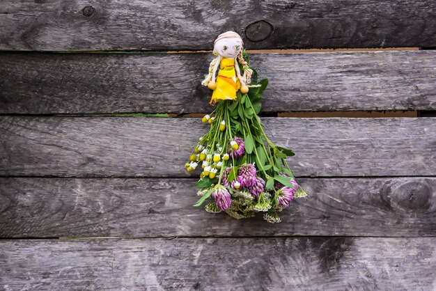 Freshly picked medical herbs hanging on wooden wall outdoors.