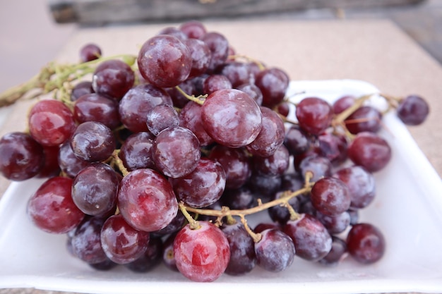 Freshly picked red grapes are placed on a white plate