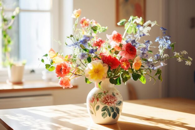 Freshly picked wildflowers in a vase with folk pattern on a kitchen table Generative AI illustration