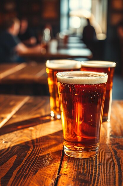 Photo freshly poured beer with foam at the bar