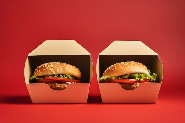 Photo freshly prepared burgers packed in boxes perfectly sealed for delivery and utmost taste preservation