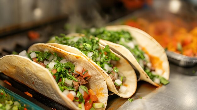 Foto tacos appena preparati su un vassoio in un ambiente di pranzo informale