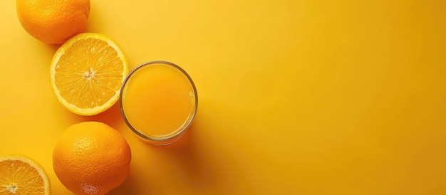 Photo freshly pressed orange juice against a yellow backdrop with space for text