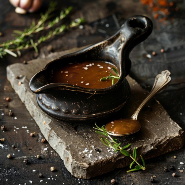 Photo freshly repared sauce in a gravy boat