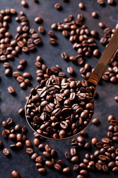 Freshly roasted coffee beans on a spoon