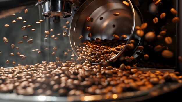 Photo freshly roasted coffee beans tumbling from a grinder