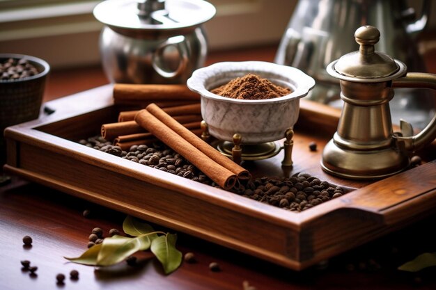 Freshly Roasted Coffee Beans on Wooden Tray with Vintage Grinder and Mug