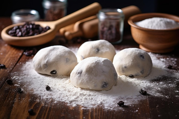 Freshly rolled dough balls on a floured surface