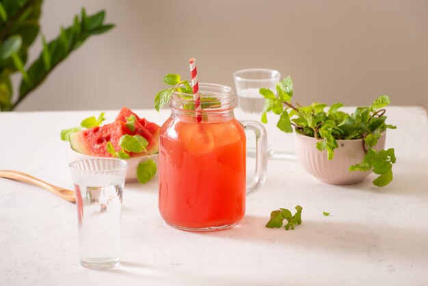 Freshly served watermelon mojito cocktails