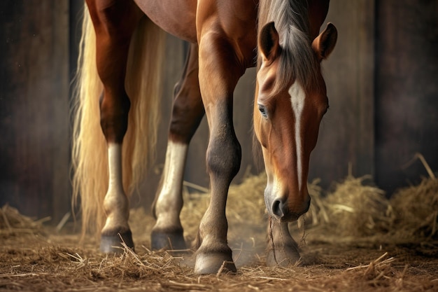 Freshly shod horse hooves standing on hay