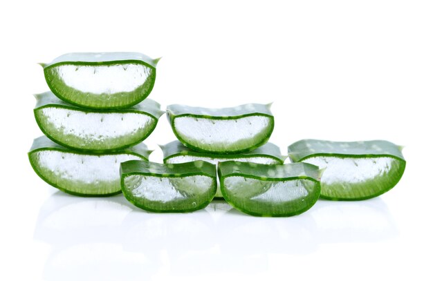 Freshly sliced Aloe Vera on white