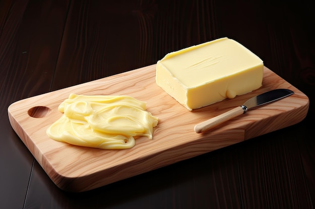 Photo freshly sliced butter on a wooden plate