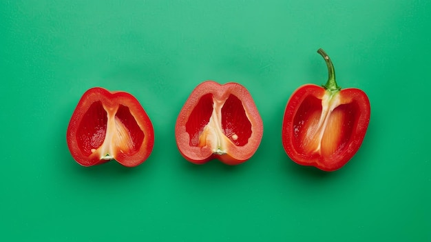 Freshly sliced red bell pepper on green surface diced red bell pepper isolated for cooking