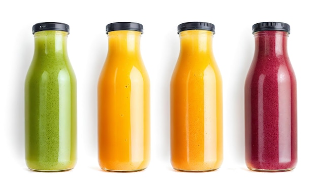 Freshly squeezed juice in bottles on white background Generative AI