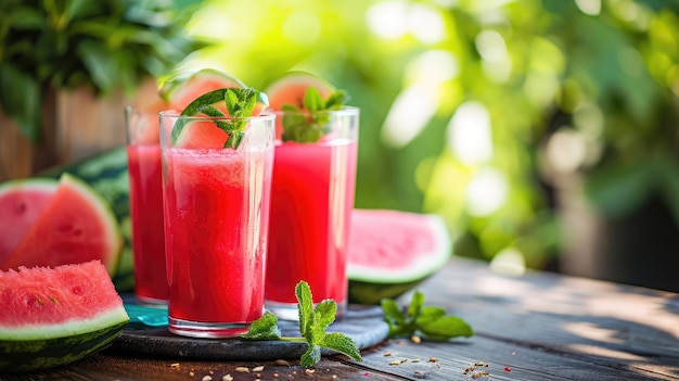 Freshly squeezed juice from a watermelon on a table in glasses Preparation of a cocktail or a nonalcoholic drink Healthy Eating and Fruitarianism