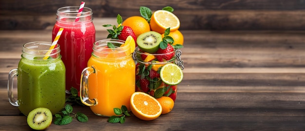 Freshly squeezed juice in glasses orange strawberry kiwi on table banner Generative AI