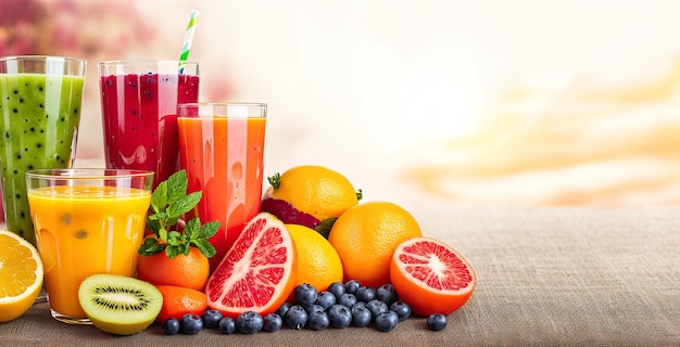 Freshly squeezed juice in glasses orange strawberry kiwi on table banner Generative AI