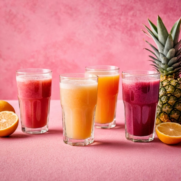 Freshly squeezed juice in tall glass on pink textured background