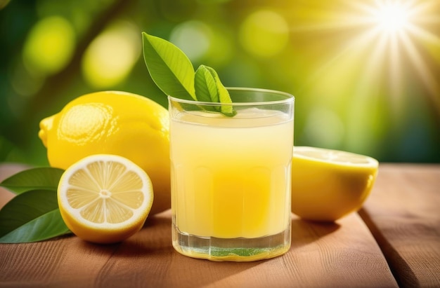 freshly squeezed lemon juice on a wooden table refreshing summer lemonade lemon plantation on the background lemon garden sunny day