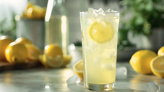 Photo freshly squeezed lemonade in a tall glass with ice cubes and a lemon wedge the glass is sitting on a table