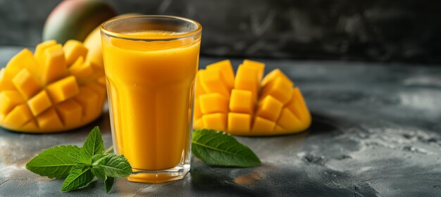 Foto succo di mango appena spremuto in bicchiere con mango maturo e spazio per copiare