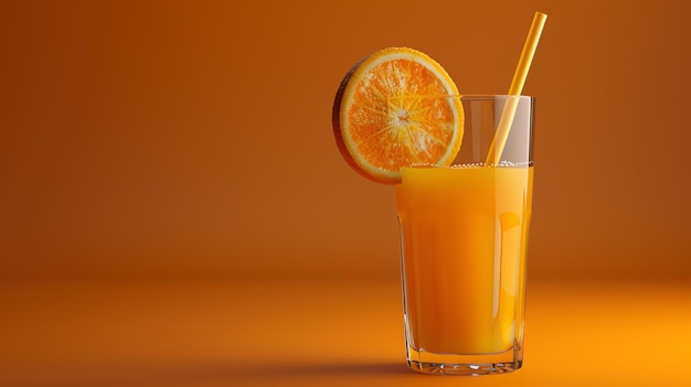 Свежевыжатый апельсиновый сок в стакане с оранжевым кусочком на краю стакан сидит на твердом оранжевом фоне